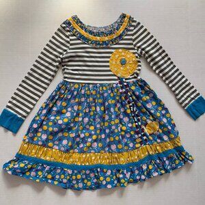 Jelly Pug Girls Sz 7 Striped Fall Apples Ruffle Flower Long sleeved Dress